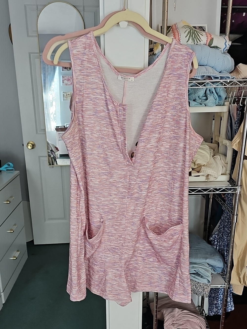 Coastal Rose Sleeveless Knit Romper with Pockets - Pink